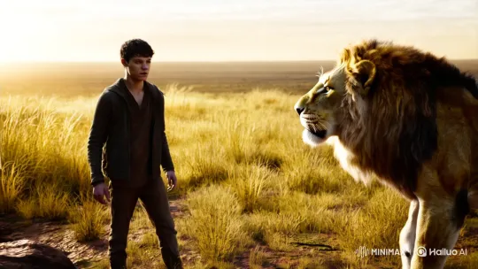 Young Man Faces Majestic Lion in Tense Bush Standoff – AI Generated Video | Hailuo AI