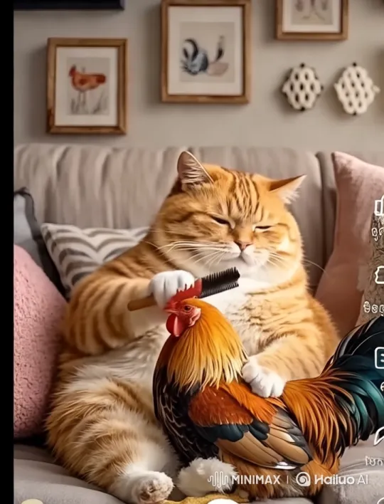 Cat and Rooster: A Peaceful Friendship with an Ironic Twist – AI Generated Video | Hailuo AI