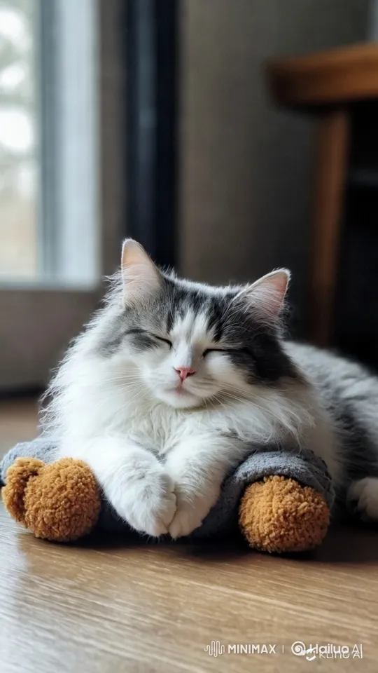 Peaceful Slumber: Fluffy Cat Rests on Wooden Floor – AI Generated Video | Hailuo AI