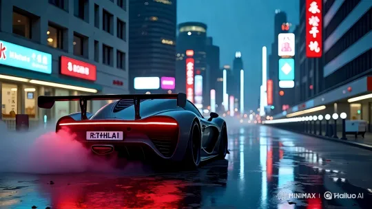 Sleek Supercar Drifts Through Neon-Lit Cityscape – AI Generated Video | Hailuo AI