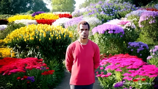 Man in Flower Garden: Serene Portrait Amidst Color – AI Generated Video | Hailuo AI