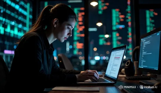 Woman Coding in Modern Office with City Lights – AI Generated Video | Hailuo AI