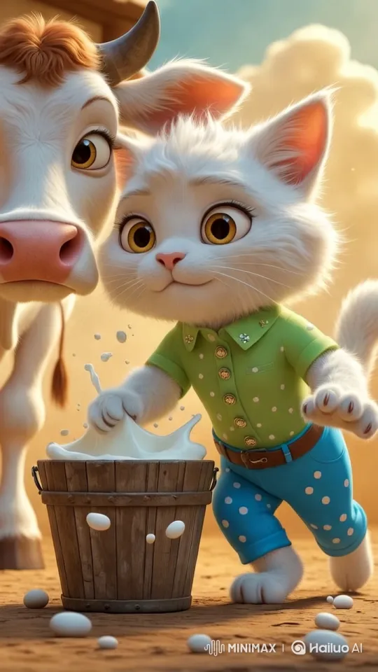 Cute Cat Sneaks Towards Milk Under Gentle Cow's Gaze – AI Generated Video | Hailuo AI
