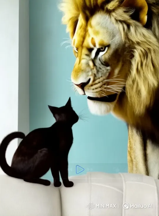 Black Cat Aggressively Dominates Lion on White Couch – AI Generated Video | Hailuo AI