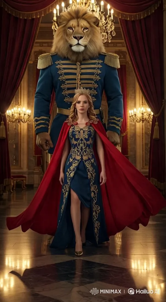 Royal Grandeur: Majestic Lion and Stately Woman in Opulent Setting – AI Generated Video | Hailuo AI