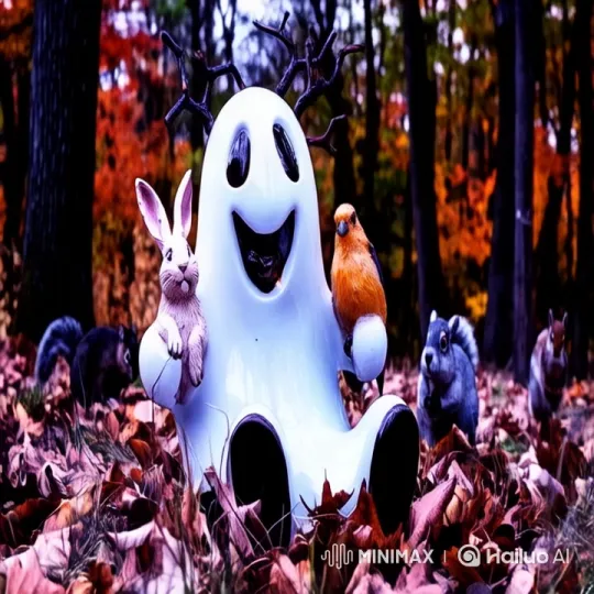Ghost Sculpture Engages with Animals in Autumn Forest – AI Generated Video | Hailuo AI
