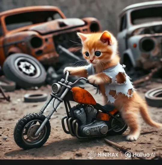 Cute Kitten Plays with Motorcycle in Junkyard – AI Generated Video | Hailuo AI