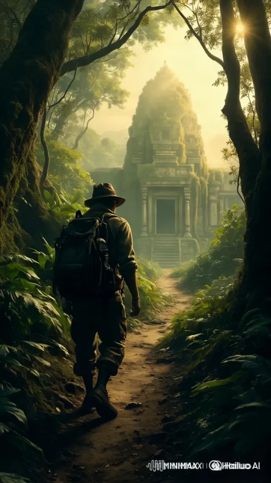 Explorer Approaches Ancient Temple in Lush Jungle – AI Generated Video | Hailuo AI
