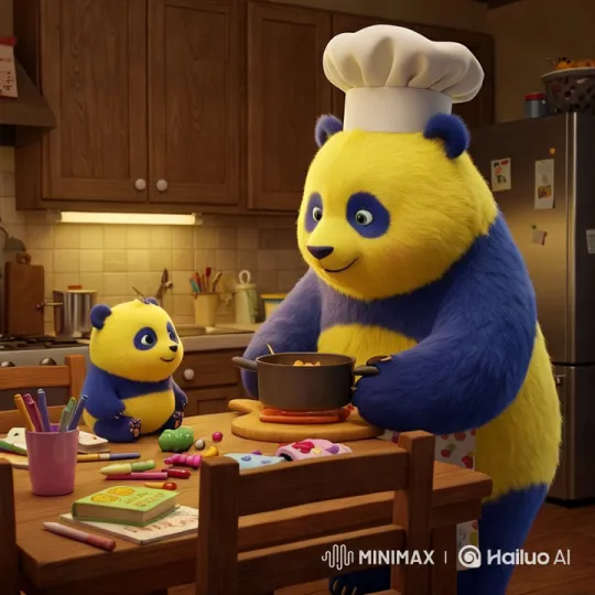 Friendly Chef Panda Cooks for Joyful Baby Panda – AI Generated Video | Hailuo AI