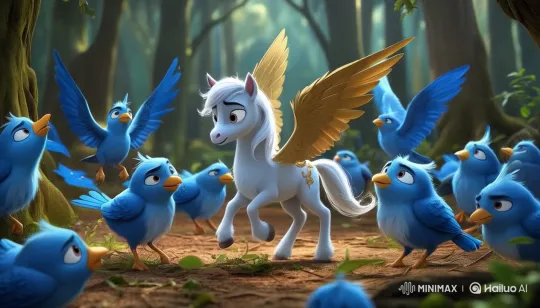 Enchanted Forest: Blue Birds Meet Graceful Pegasus – AI Generated Video | Hailuo AI