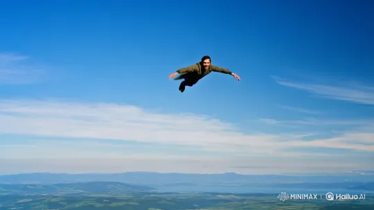 Man Soars Gracefully in Dreamlike Sky Flight Scene – AI Generated Video | Hailuo AI