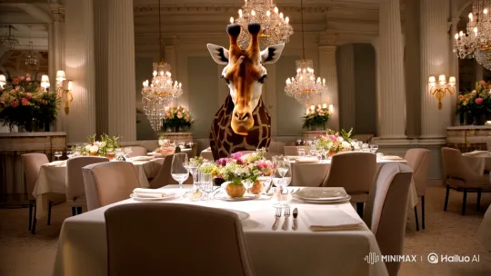 Giraffe Dines in Luxury with Elegance and Whimsy – AI Generated Video | Hailuo AI