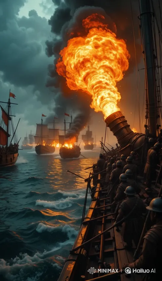 Byzantine Warship Engages in Fiery Naval Battle with Greek Fire – AI Generated Video | Hailuo AI