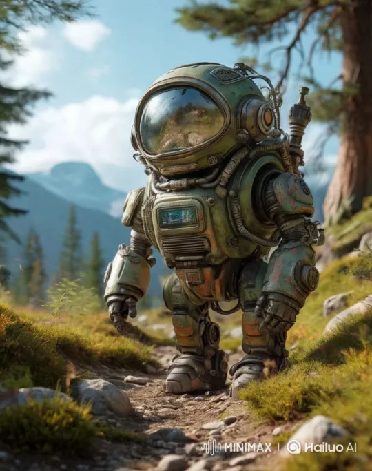 Armored Robot Navigates Tranquil Mountain Forest – AI Generated Video | Hailuo AI