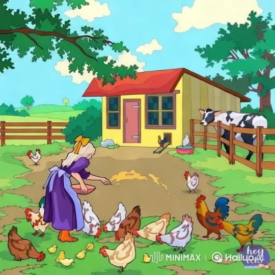 Woman in Purple Dress Feeds Chickens on Farmyard – AI Generated Video | Hailuo AI