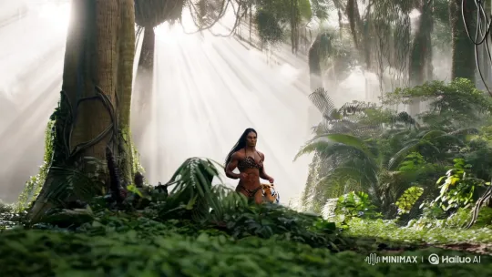Jungle Chase: Athletic Woman and Tigers Amidst Misty Morning – AI Generated Video | Hailuo AI