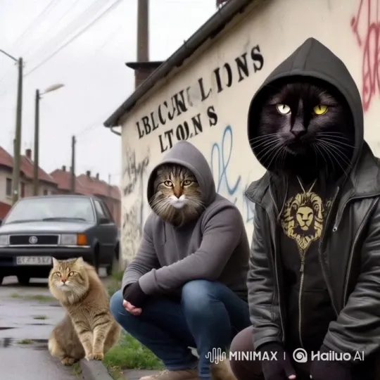 Urban Scene with Hooded Individuals and Cats – AI Generated Video | Hailuo AI