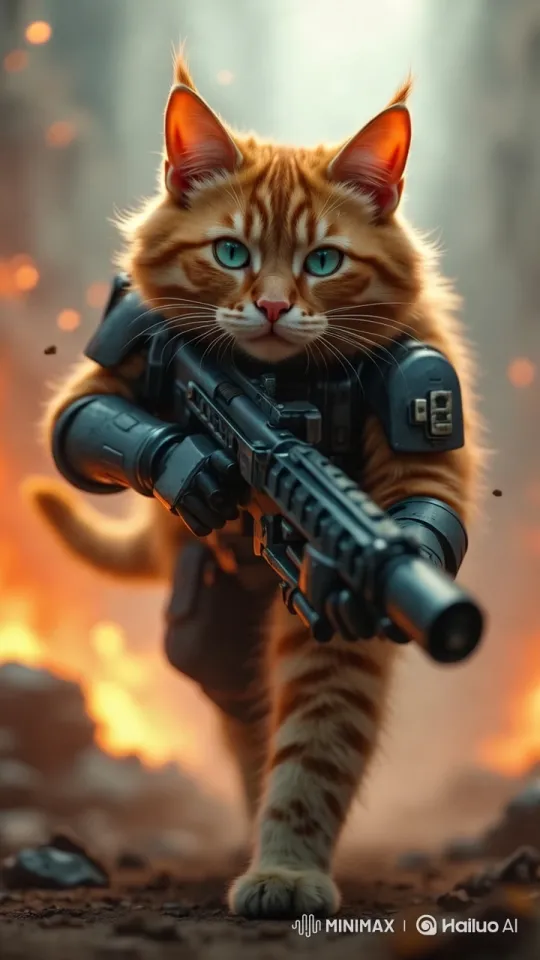 Ginger Cat in Tactical Gear on Dramatic Battlefield – AI Generated Video | Hailuo AI