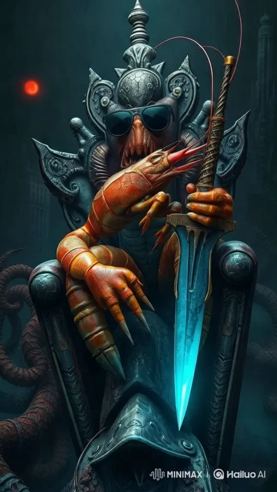 Lobster-like Creature on Gothic Throne with Sword – AI Generated Video | Hailuo AI