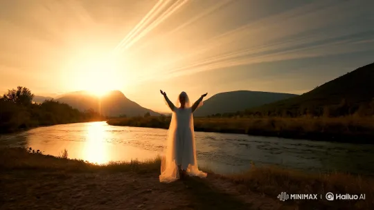 Tranquil Morning: Serene River, Figure in Graceful Surrender – AI Generated Video | Hailuo AI