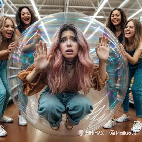 Young Woman in Bubble Amused by Friends in Bright Store – AI Generated Video | Hailuo AI