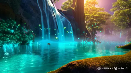 Mystical Lagoon with Enchanted Waterfall and Shrine – AI Generated Video | Hailuo AI