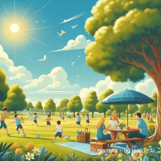 Vibrant Park Life: Children, Birds, and a Picnicking Couple – AI Generated Video | Hailuo AI