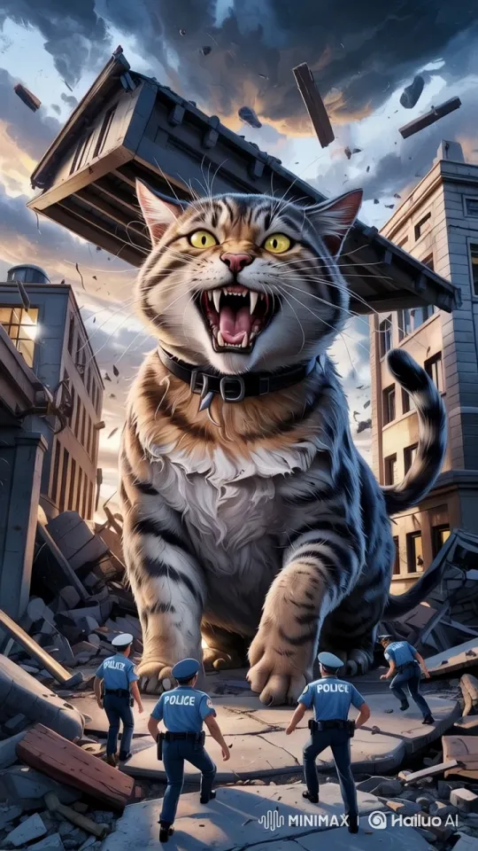 Colossal Cat Roars Amidst City Ruins – AI Generated Video | Hailuo AI