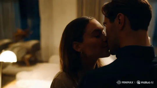 Intimate Couple's Tender Kiss in Dimly Lit Room – AI Generated Video | Hailuo AI