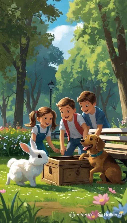 Children and Pets Discover a Wooden Chest in a Park – AI Generated Video | Hailuo AI