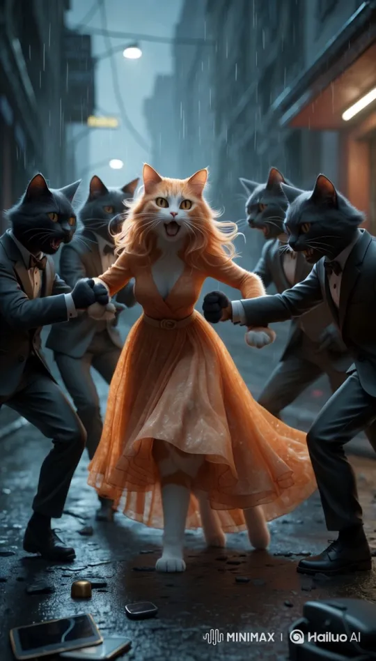 Female Cat Ambushed by Mysterious Tomcats in City Alley – AI Generated Video | Hailuo AI