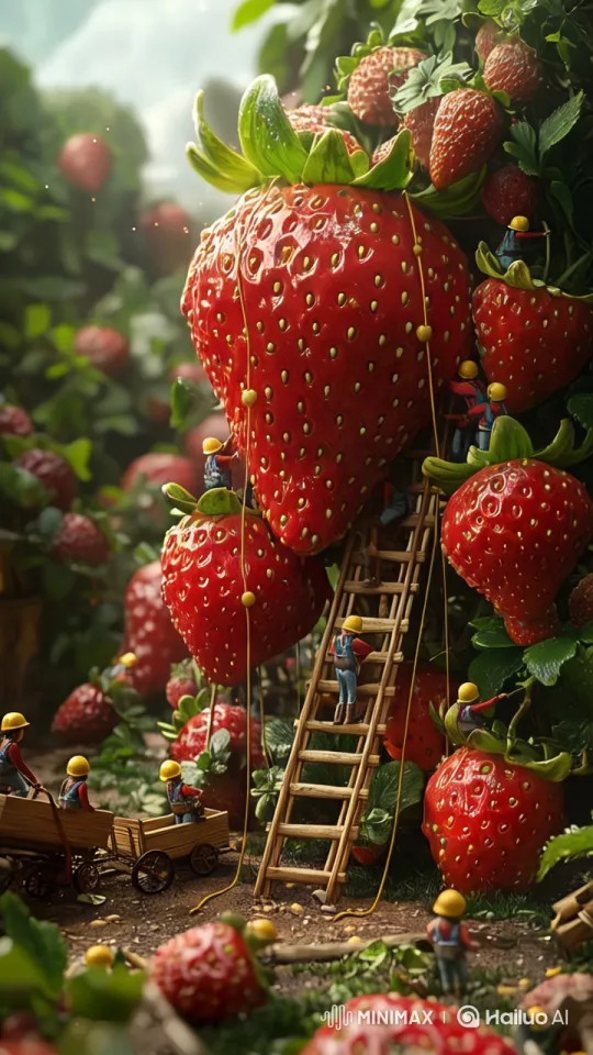 Tiny Workers Harvesting Giant Strawberries in Whimsical Field – AI Generated Video | Hailuo AI