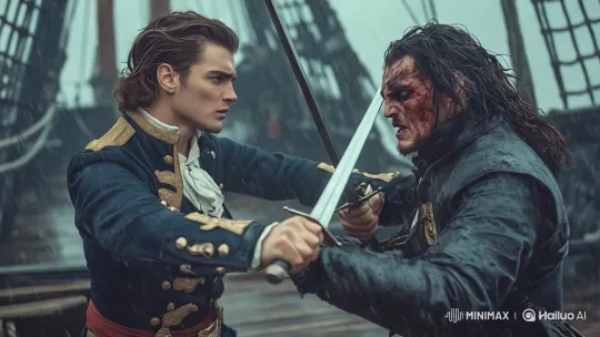 Historical Naval Duel: Intense Sword Fight on Stormy Ship Deck – AI Generated Video | Hailuo AI