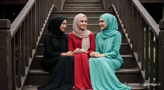 Elegant Women in Embroidered Gowns on Wooden Stairs – AI Generated Video | Hailuo AI
