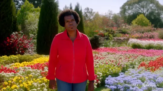 Woman in Red Jacket Walks Through Sunlit Garden – AI Generated Video | Hailuo AI