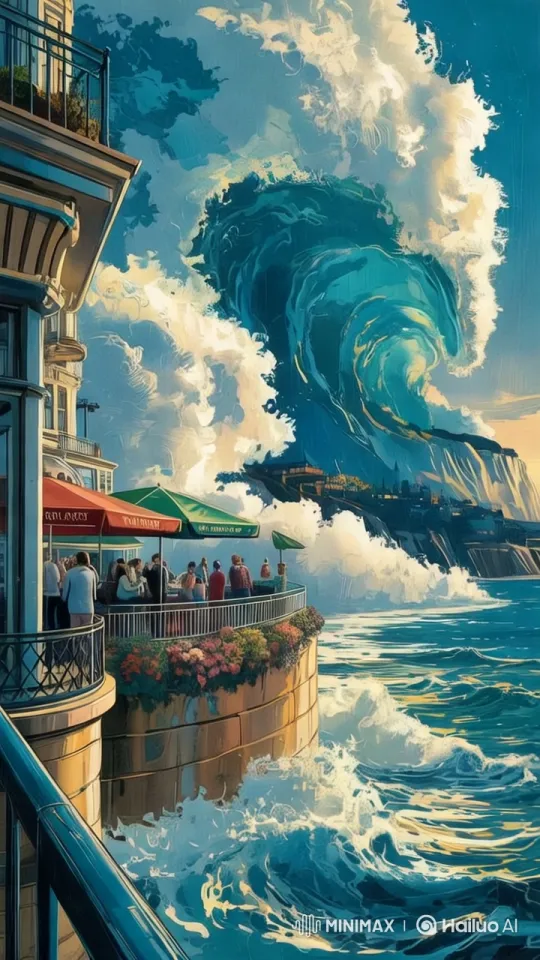 Massive Wave Devastates Bustling Seaside Town – AI Generated Video | Hailuo AI