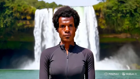 Confident Young Woman at Majestic Waterfall – AI Generated Video | Hailuo AI