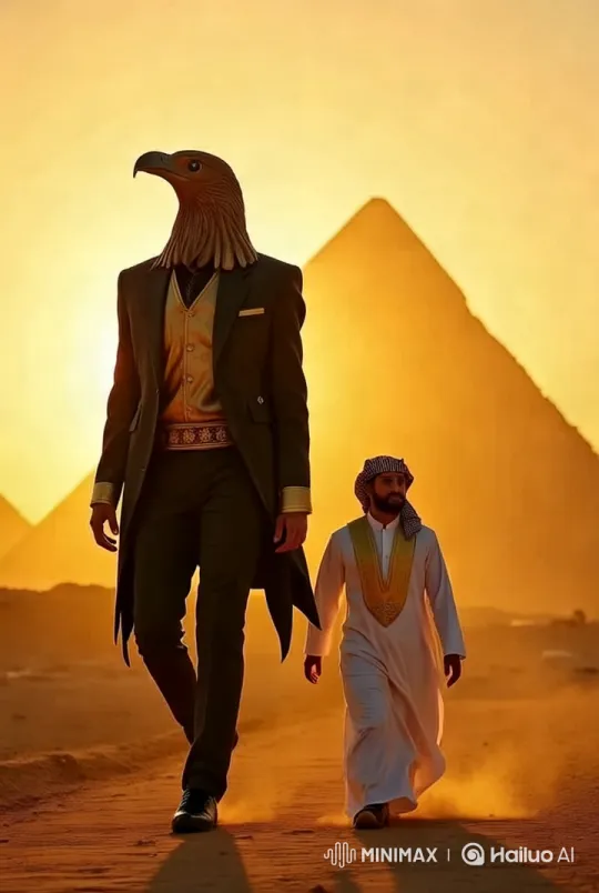 Desert Sunset: Figures in Grandeur Amidst Pyramids – AI Generated Video | Hailuo AI