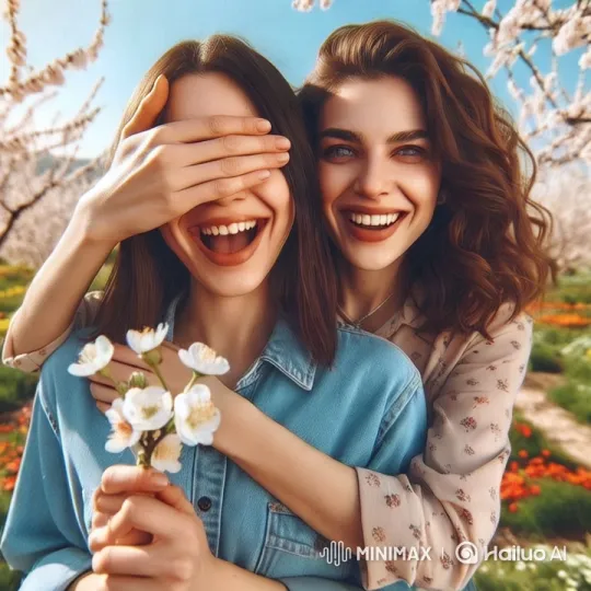 Sisters Share Tender Moment in Blooming Garden – AI Generated Video | Hailuo AI