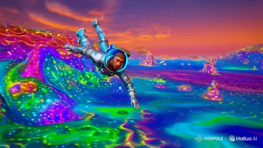 Astronaut Navigates Psychedelic 3D Landscape in Futuristic Spacesuit – AI Generated Video | Hailuo AI