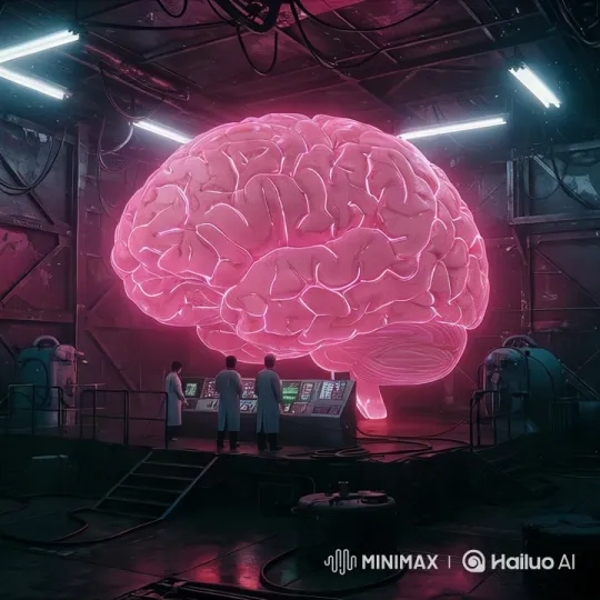 Neon Brain in Hangar: Scientists and AI Sakura's Pulsating Tech – AI Generated Video | Hailuo AI
