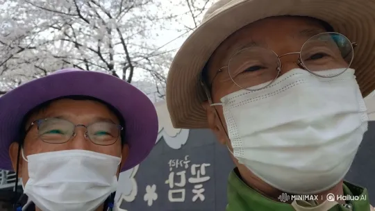 Cherry Blossom Scenery with Individuals in Hats – AI Generated Video | Hailuo AI