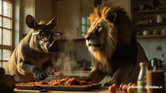 Warthog Cooks, Lion Watches in Cozy Kitchen – AI Generated Video | Hailuo AI