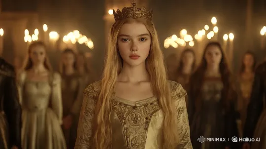 Regal Medieval Woman in Golden Hall: Aesthetic Display – AI Generated Video | Hailuo AI