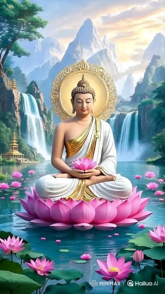 Tranquil Lake with Buddha and Serene Waterfalls – AI Generated Video | Hailuo AI