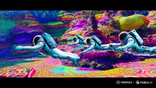 Astronauts Glide Through Psychedelic Space Scenery – AI Generated Video | Hailuo AI