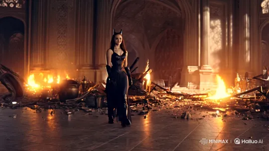 Villainess Dominates Shattered Hall with Seductive Menace – AI Generated Video | Hailuo AI