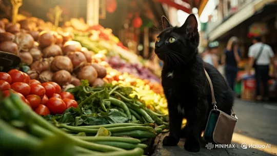 Black Cat Explores Bustling Market Amidst Fresh Produce – AI Generated Video | Hailuo AI