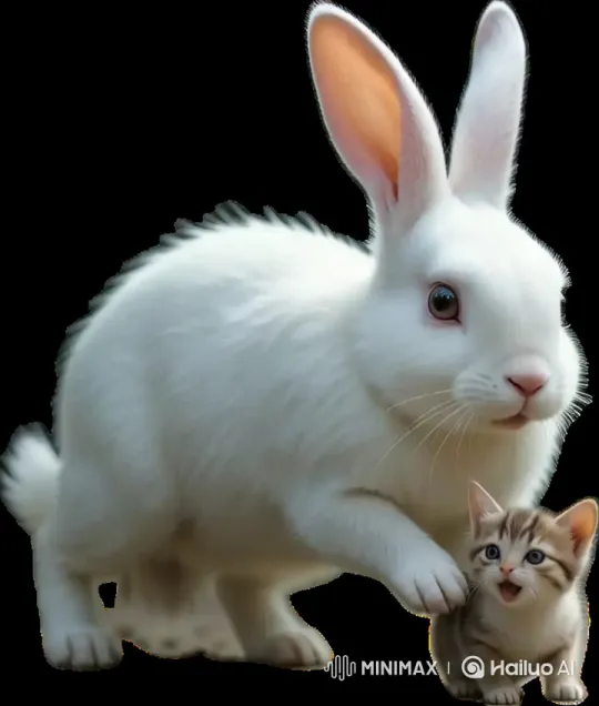White Rabbit Pursues Injured Kitten in Lush Meadow – AI Generated Video | Hailuo AI