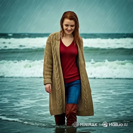 Woman Braving Storm in Vibrant Attire Amidst Ocean Waves – AI Generated Video | Hailuo AI
